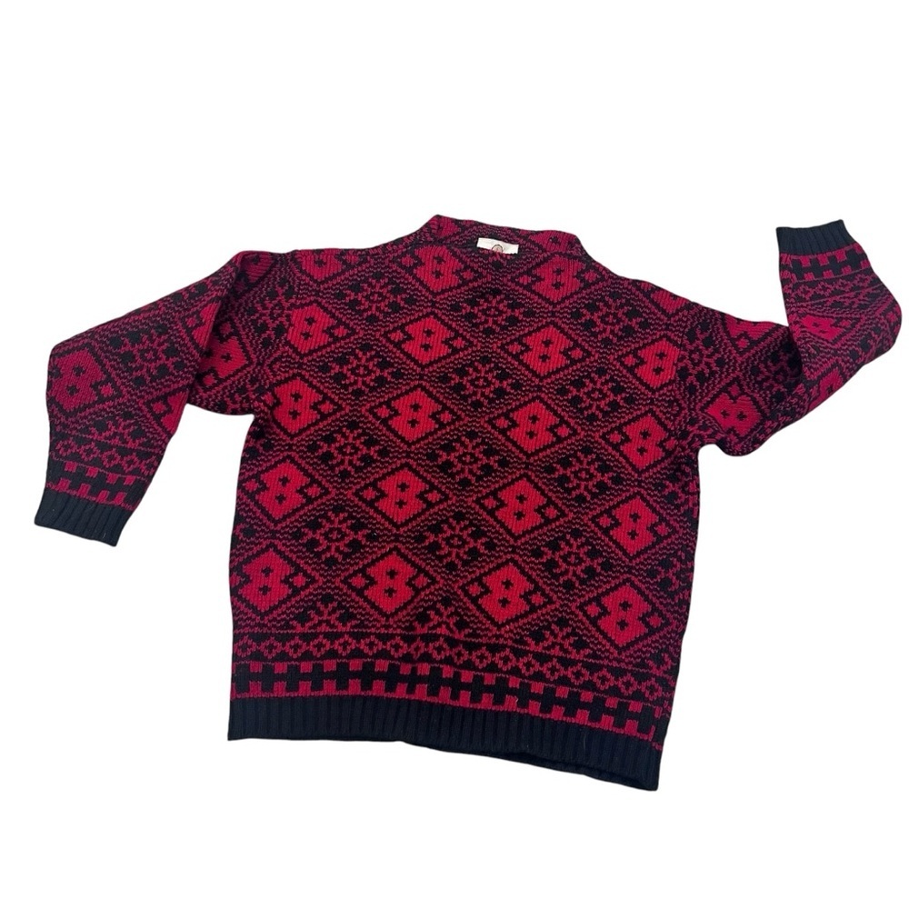 Vintage Red And Black Snowflake Design Austrian Wool Ski Sweater Size Large